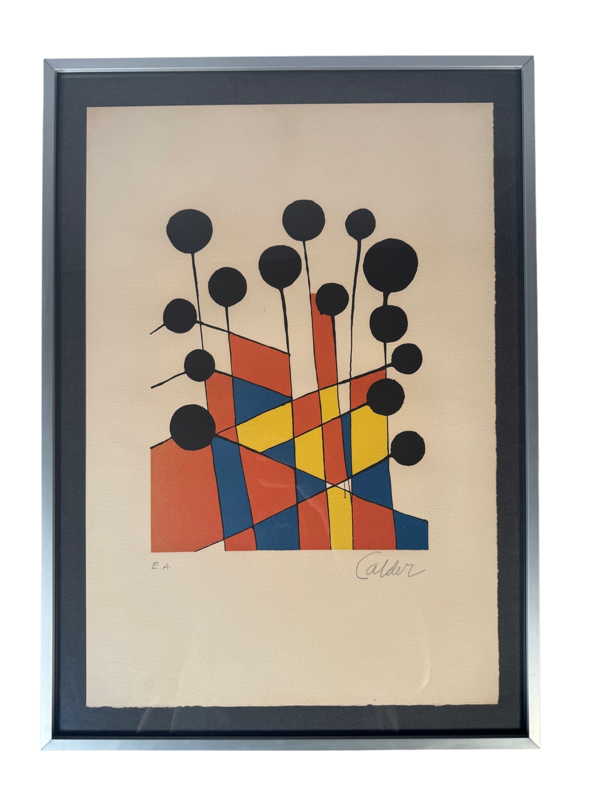 Colour lithograph of black discs on stems over a red, yellow and blue mosaic, framed under glass in a silver aluminium frame on a black linen mat