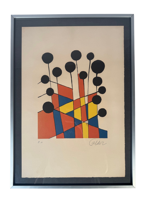 Colour lithograph of black discs on stems over a red, yellow and blue mosaic, framed under glass in a silver aluminium frame on a black linen mat