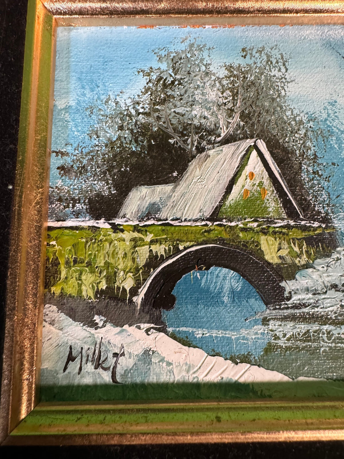 Small Framed Oil Painting Winter Landscape Stone Bridge Birch Signed Millet
