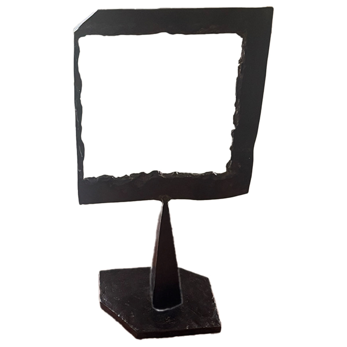 Brutalist Welded Steel Sculpture Abstract Cube and Block on Pedestal Signed No