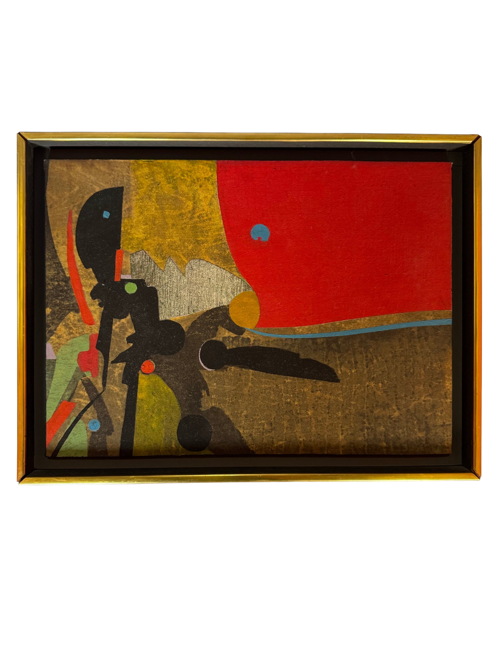 Framed abstract collage with red and black shapes, straight-on