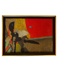 Framed abstract collage with red and black shapes, straight-on