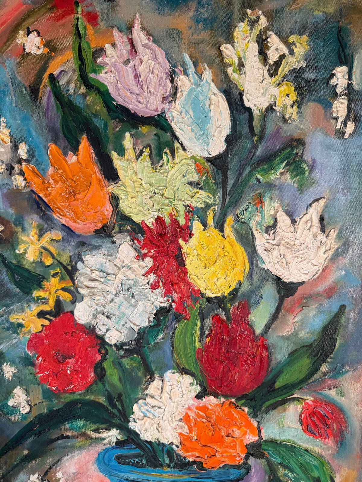 Oil Painting Mixed Bouquet Blue Vase Signed Girard Unframed Canvas Wall Art