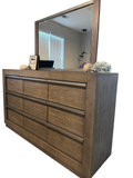 Nine-drawer gray oak dresser with matching mirror