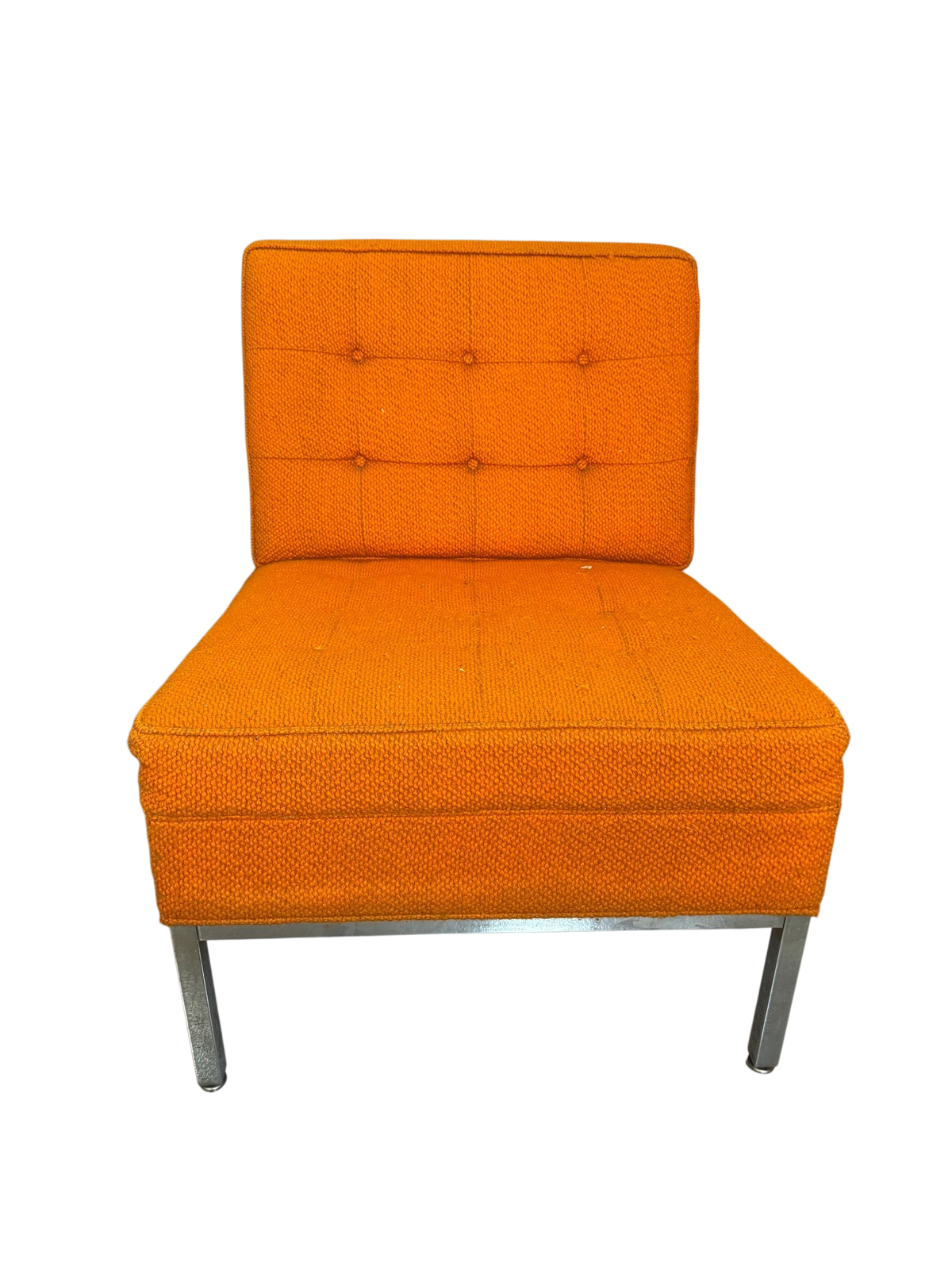 Orange tufted armless slipper chair on chrome legs, front view