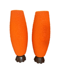 Pair of orange textured bean-shape table lamps on brown bases, front view