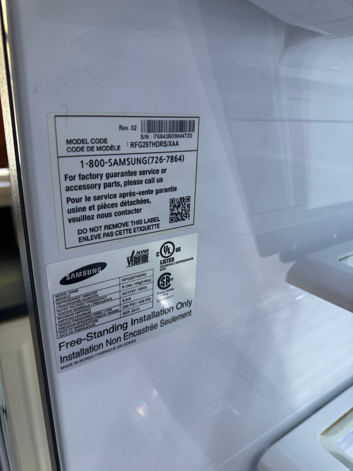 Samsung model label inside the refrigerator