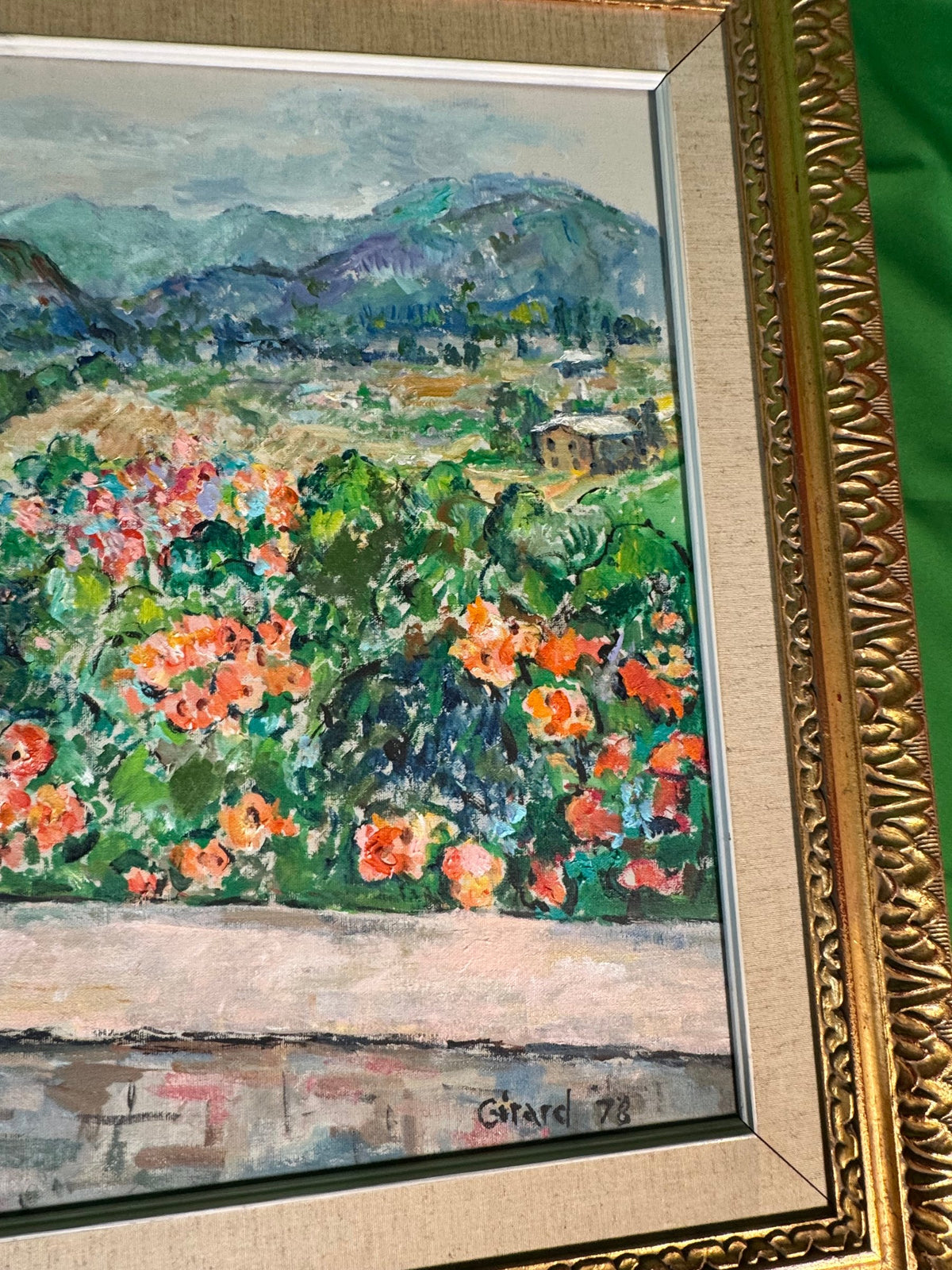 Oil Painting Pot of Geraniums on Terrace Wall Signed Girard 78 Gilt Frame