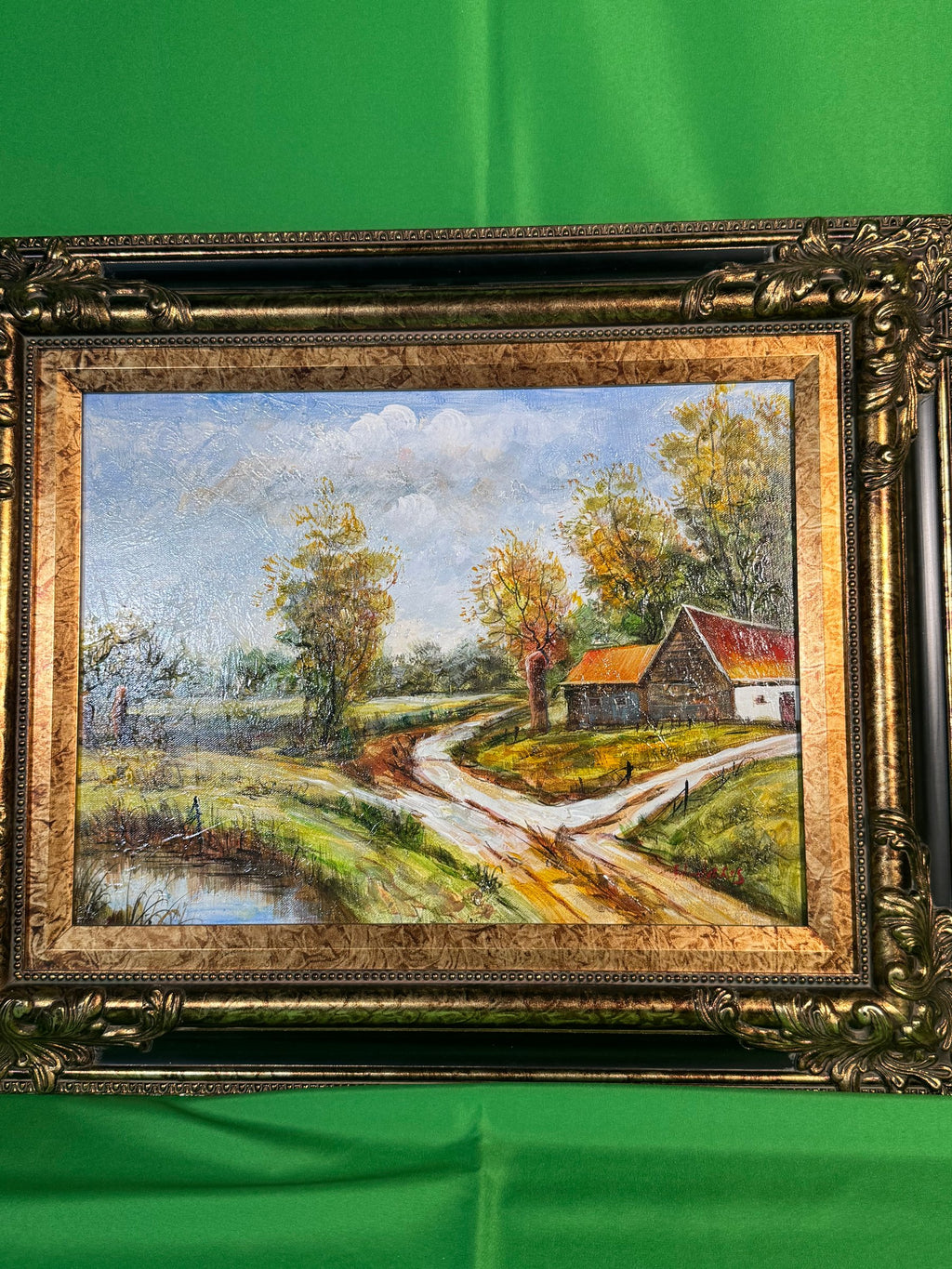 Original Oil on Canvas Painting Autumn Landscape with Barn Ornate Gilt Frame