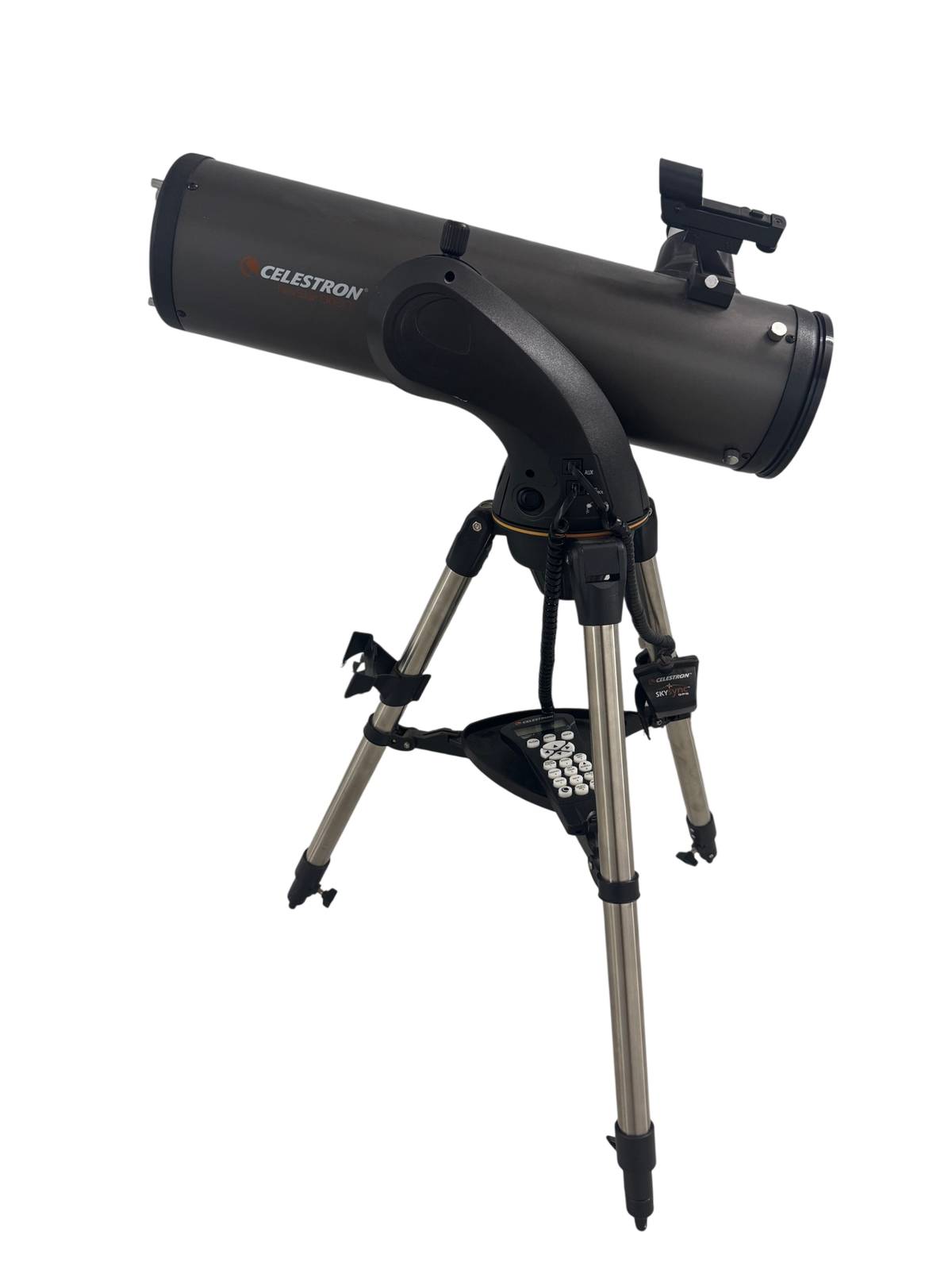Celestron NexStar 130 SLT reflector telescope mounted on computerized alt-azimuth tripod, full side view