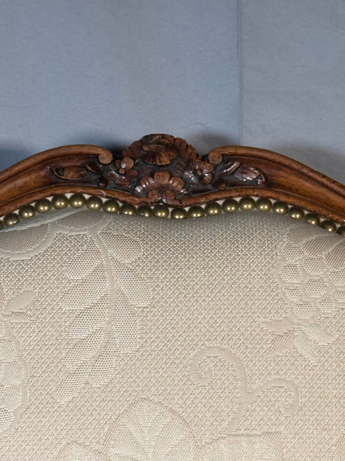 Louis XV Style Carved Walnut Side Chair, Cream Damask