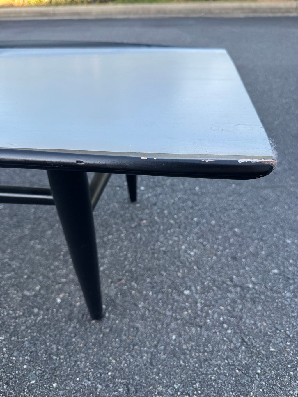 Mid Century Modern Coffee Table 71in Solid Wood Pale Blue Top Black Legs Good
