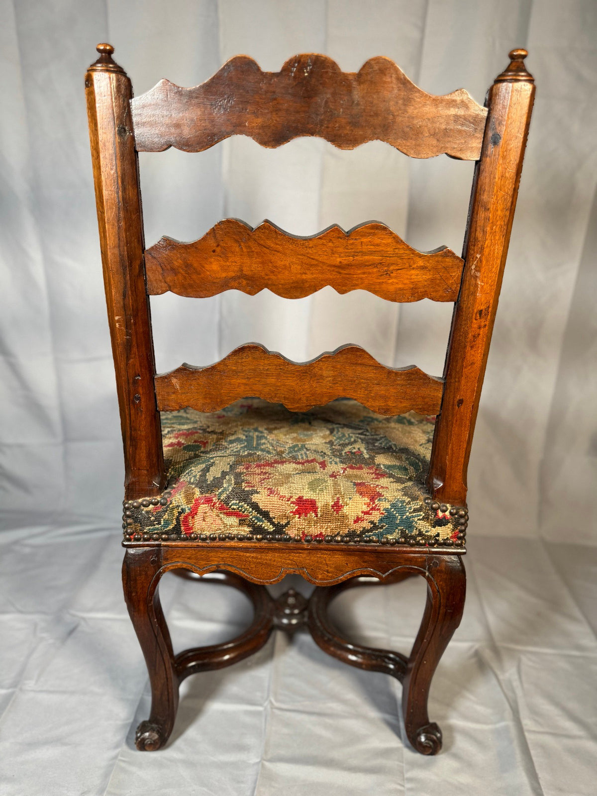 French Carved Walnut Ladderback Side Chair, Antique Needlepoint Seat