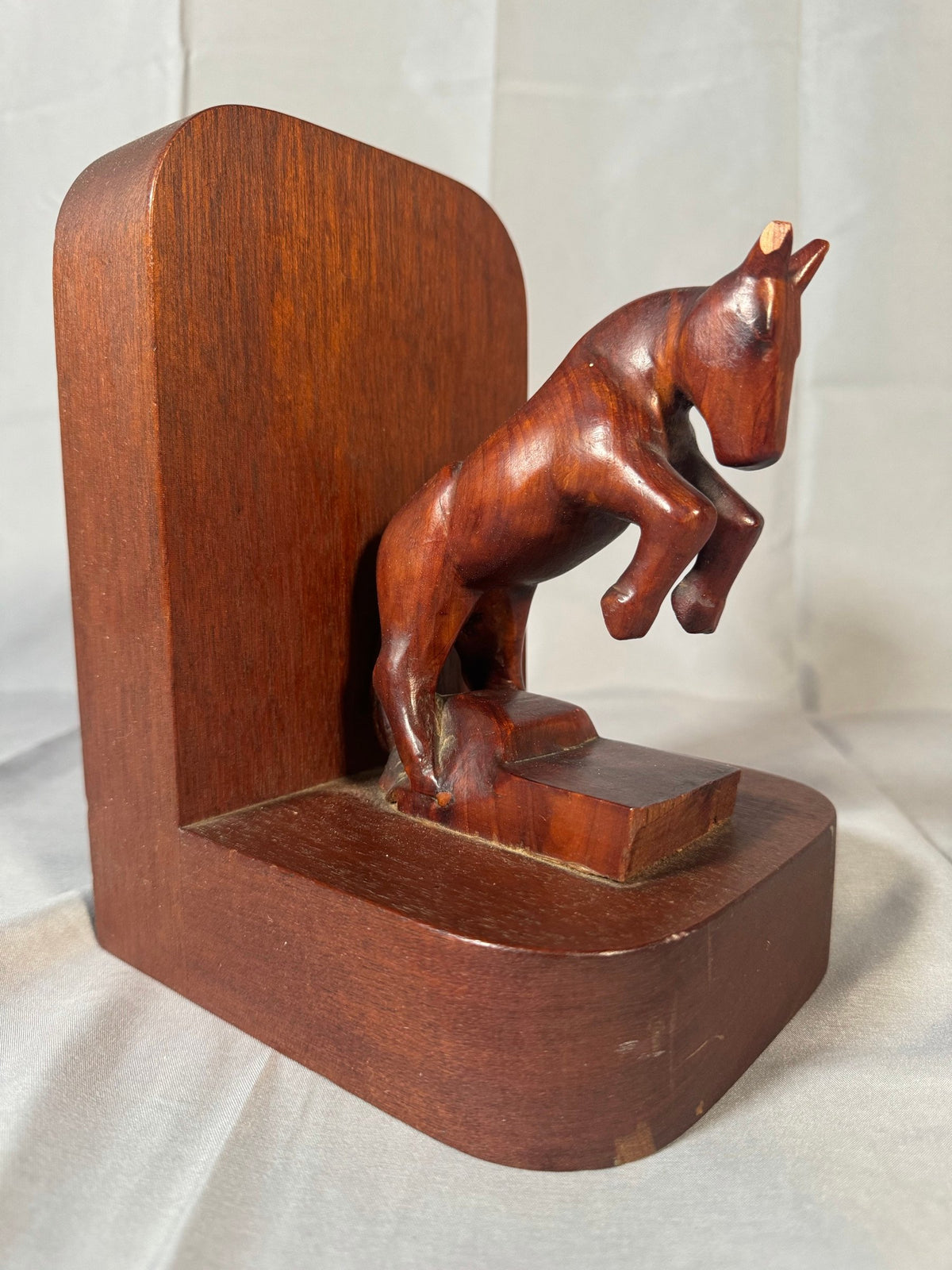 Vintage Hand Carved Wood Rearing Horse Bookend, Single, Mahogany Tone Base