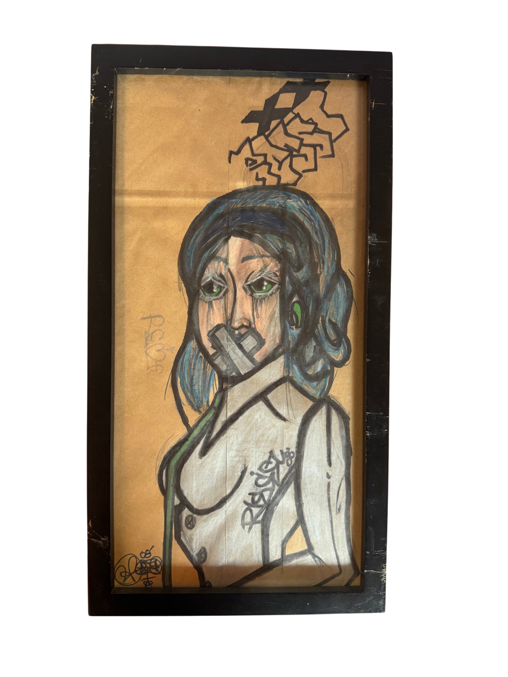 Framed drawing of a woman with tape over her mouth, straight-on