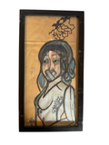 Framed drawing of a woman with tape over her mouth, straight-on