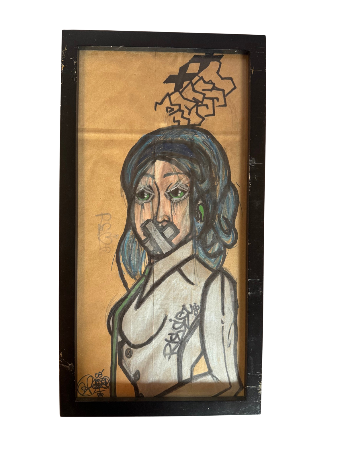 Framed drawing of a woman with tape over her mouth, straight-on
