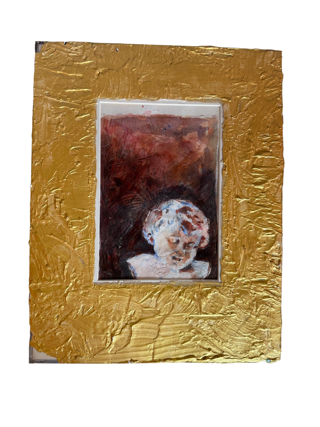 Oil study of a child's head in a textured gold frame, straight-on