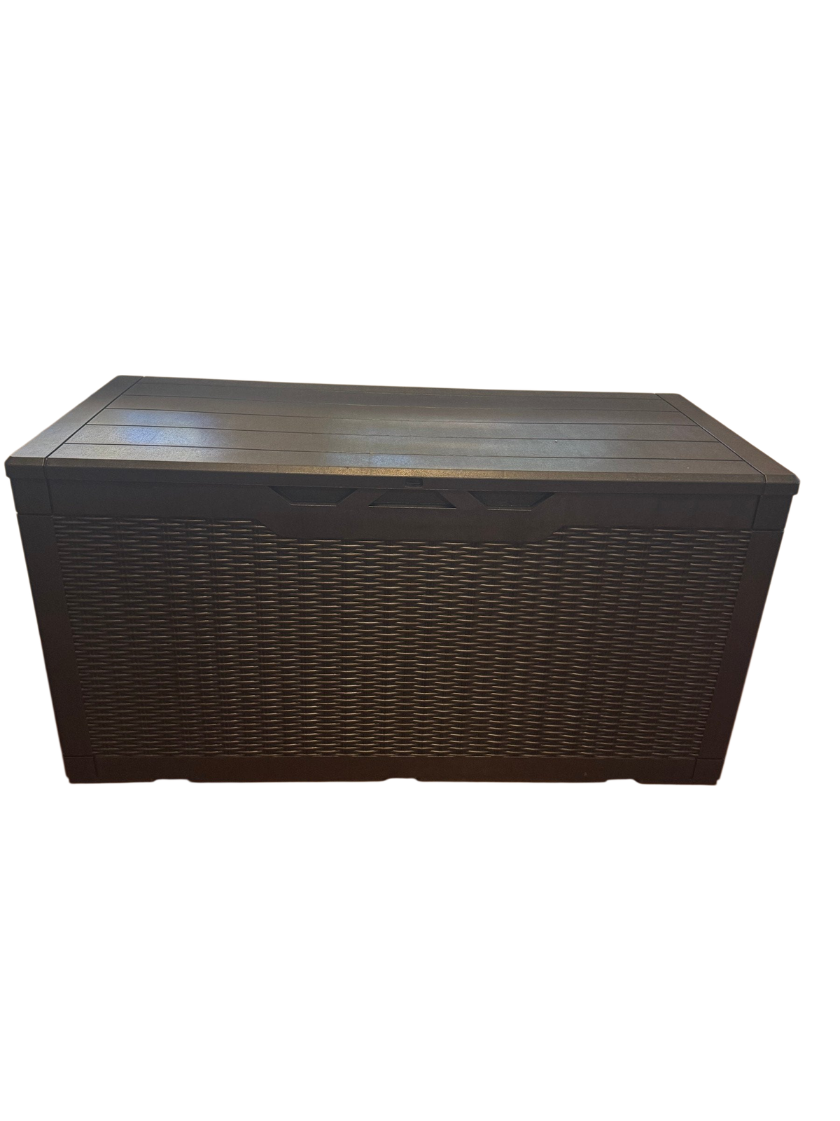 Brown wicker-look deck box against a wall