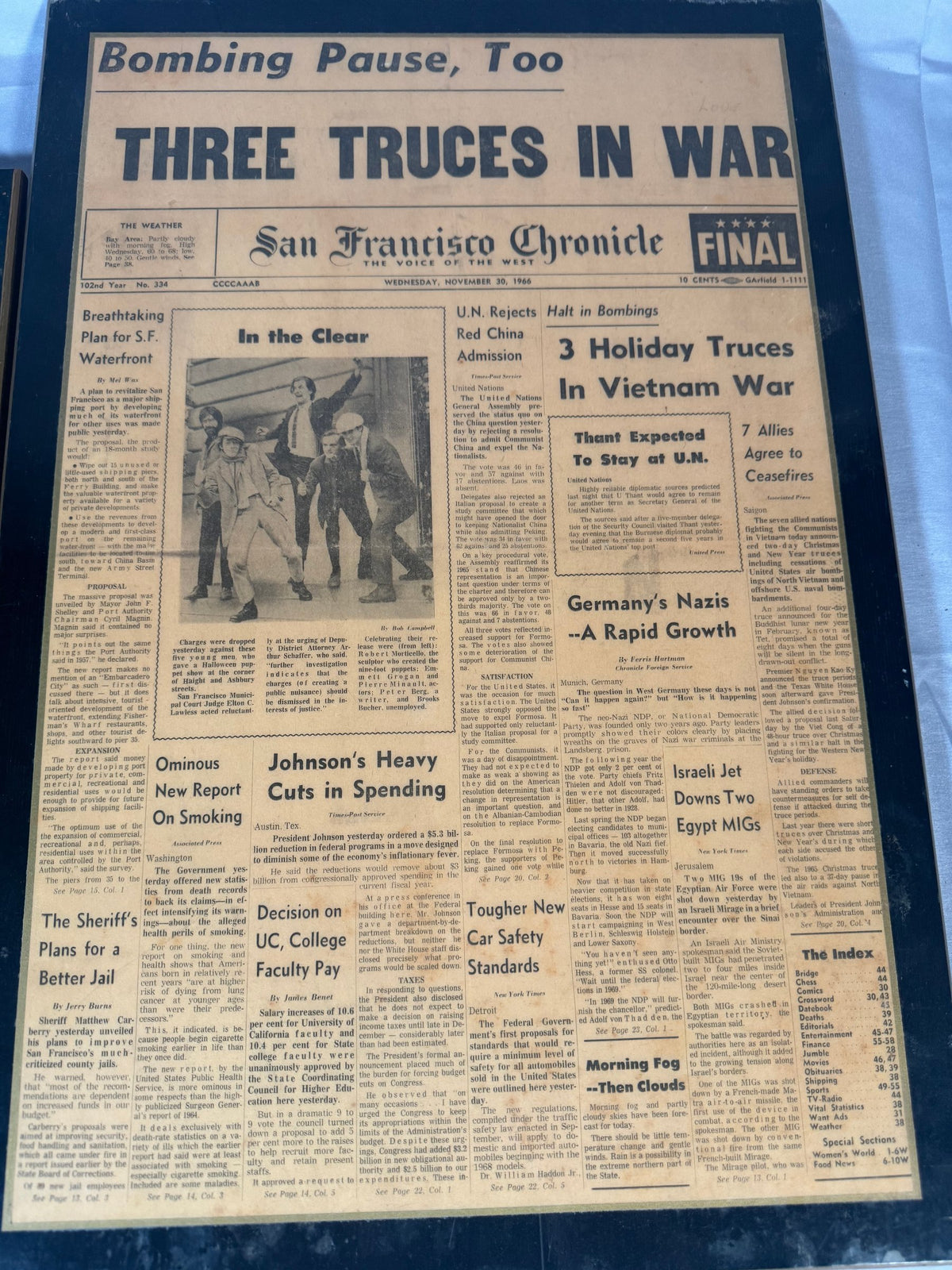 Framed San Francisco Chronicle 1966 and Examiner 1978 Grogan Newspaper Pair