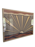 Full framed artwork showing Pop Art sunrise design with radiating rays, dotted pattern, and layered horizon in earth tones