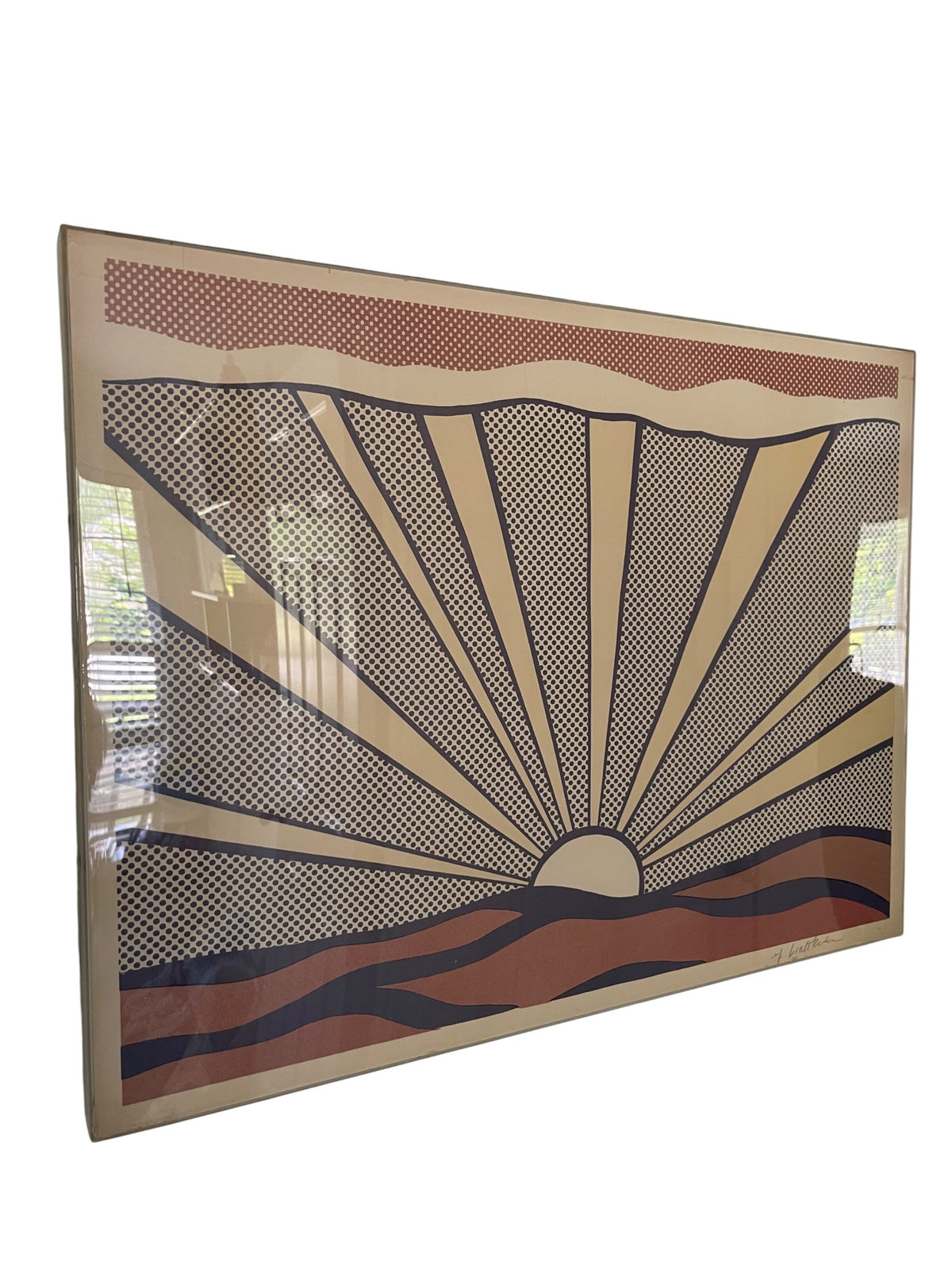 Full framed artwork showing Pop Art sunrise design with radiating rays, dotted pattern, and layered horizon in earth tones