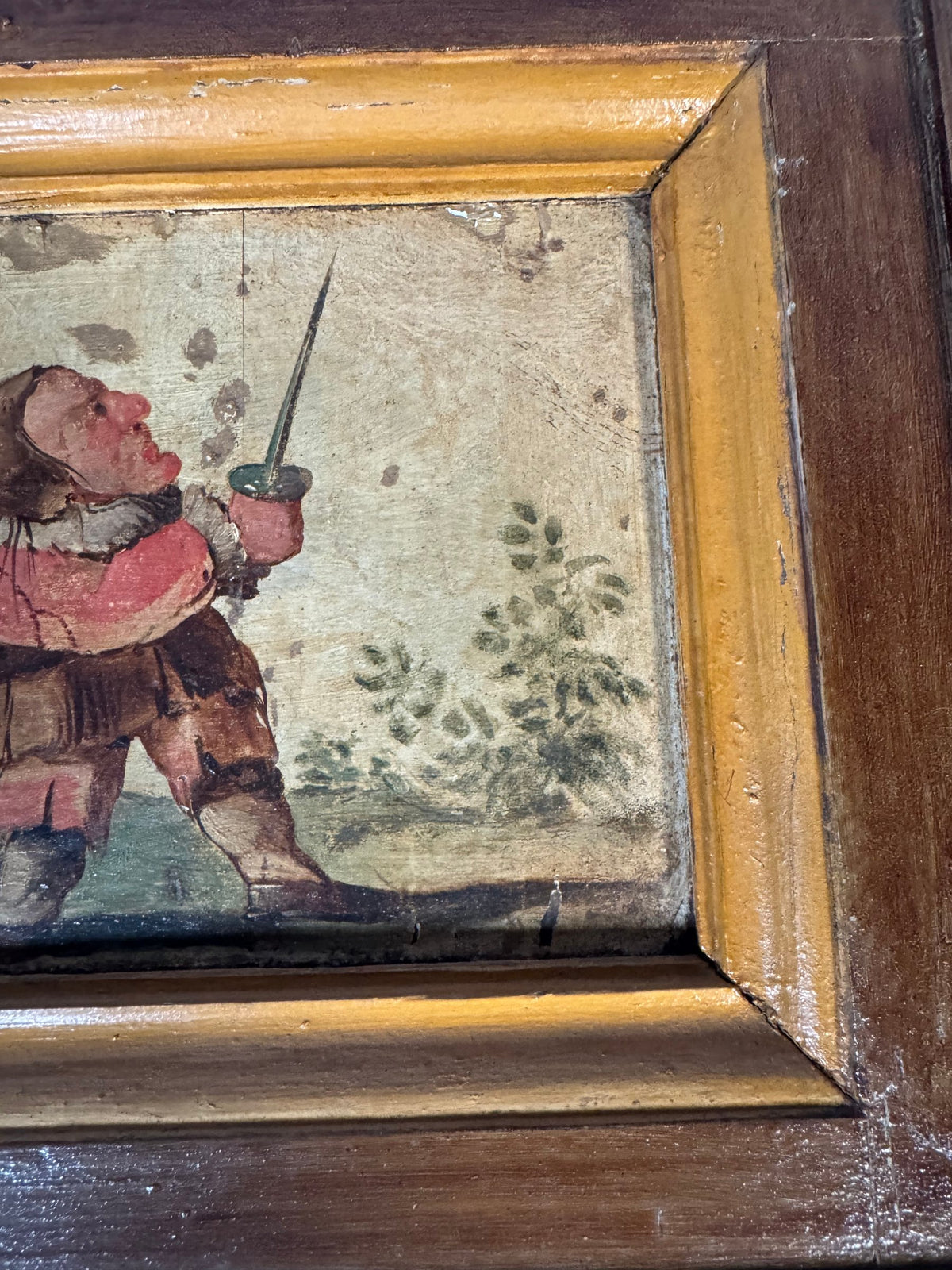 Grotesque Dwarf Oil on Panel Painting After Callot Gobbi Type, Deep Wood Frame