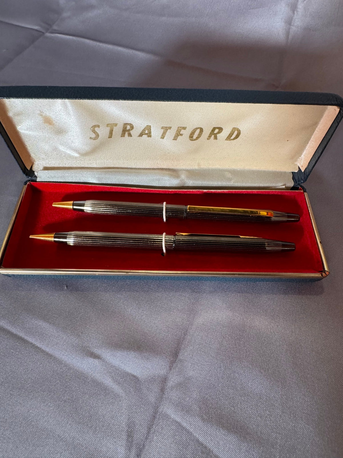 Stratford pen and pencil set in its blue case