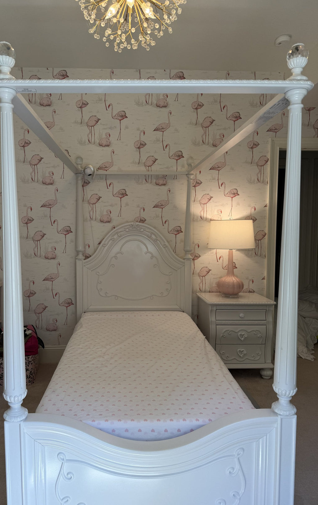 Sparkle White twin canopy bed with carved headboard and canopy frame