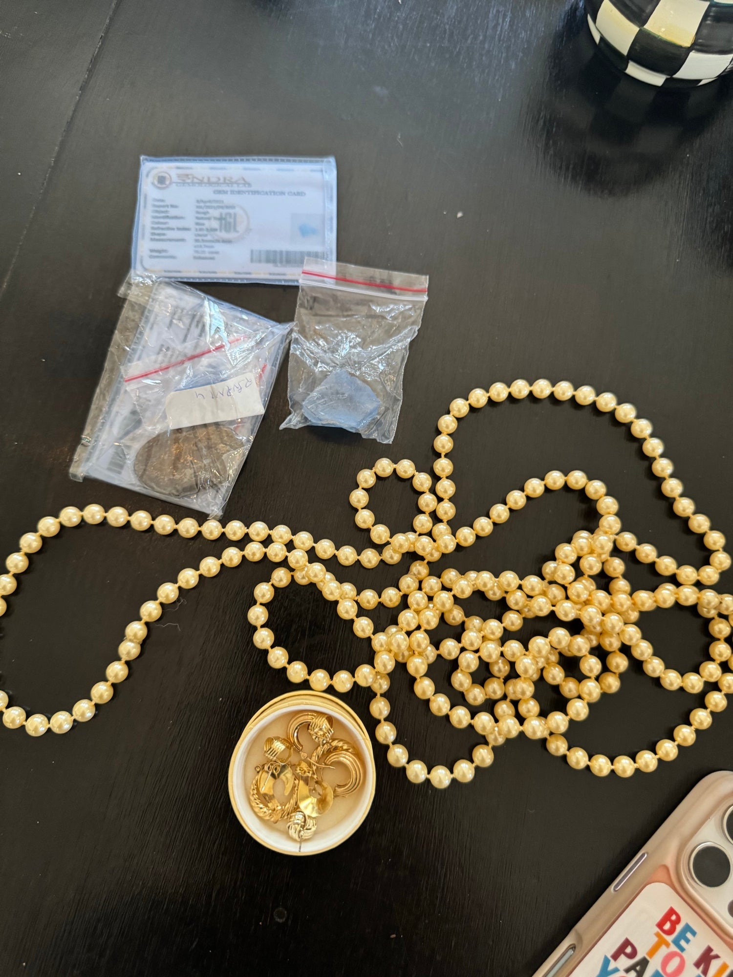 Vintage Faux Pearl Strand Necklace Lot Gold Tone Earrings Rough Gems Good Cond
