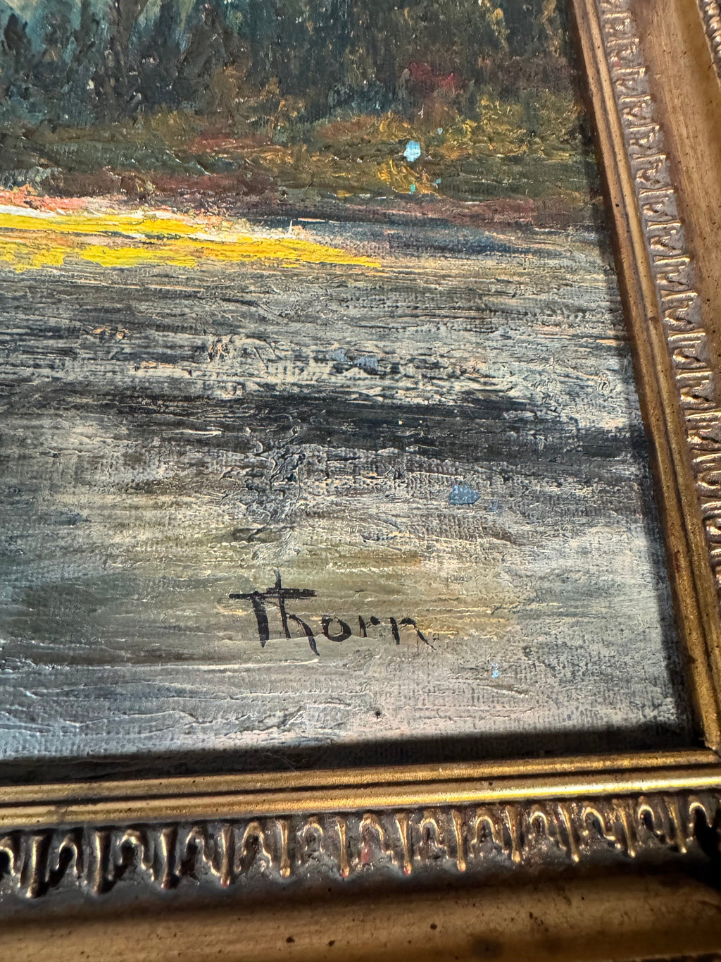 Alpine Lake Sunset Impasto Oil Painting Signed Thorn in Ornate Gilt Frame