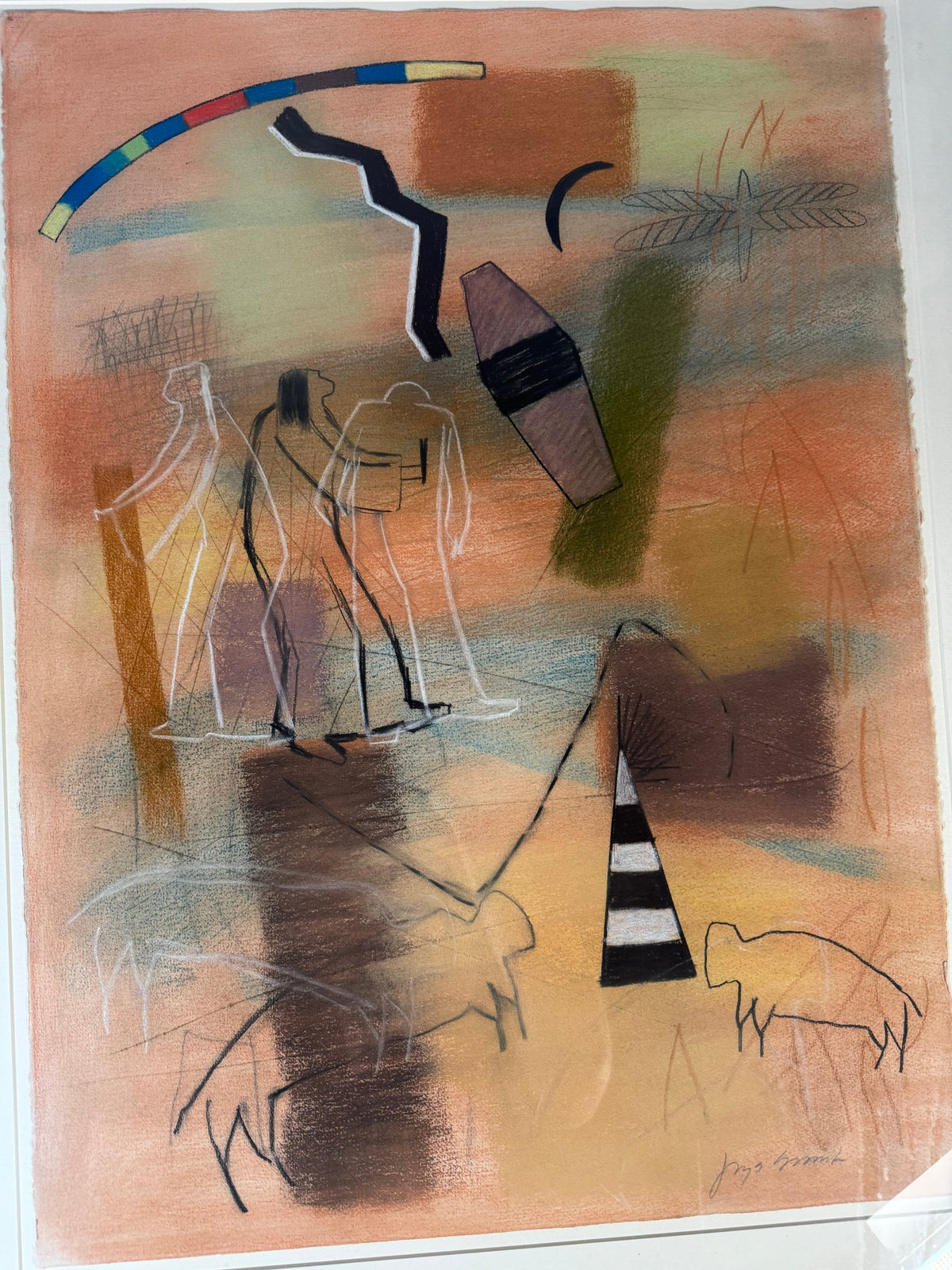 Original Southwestern Abstract Pastel, Figures Animals Rainbow Arc, Framed 29x37