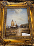 Antique Marine Oil Painting Fishing Boats Low Tide Gilt Frame 12x15 Excellent