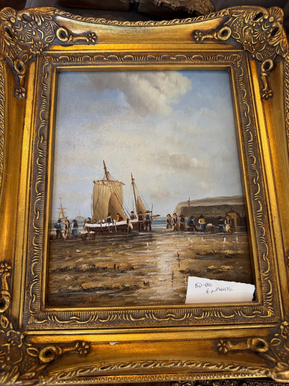 Antique Marine Oil Painting Fishing Boats Low Tide Gilt Frame 12x15 Excellent