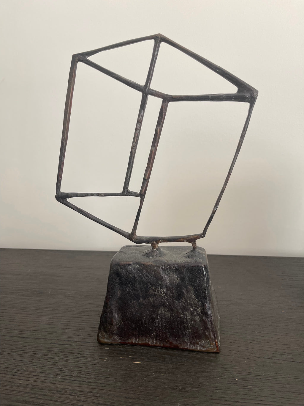 Brutalist Welded Steel Sculpture Abstract Cube and Block on Pedestal Signed No