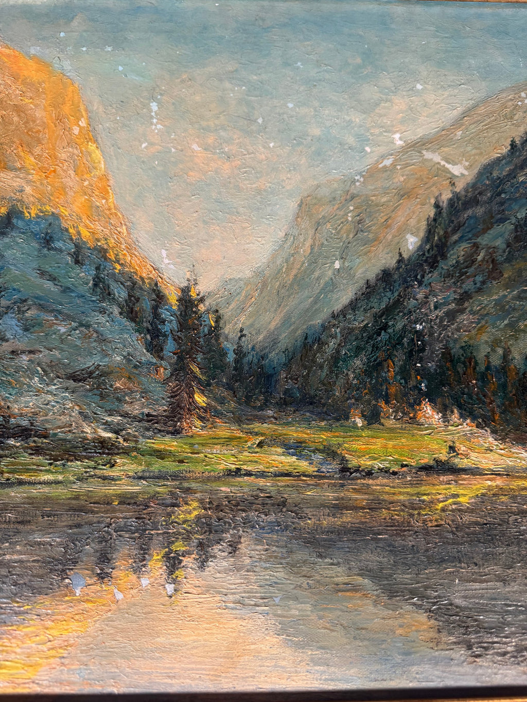 Alpine Lake Sunset Impasto Oil Painting Signed Thorn in Ornate Gilt Frame