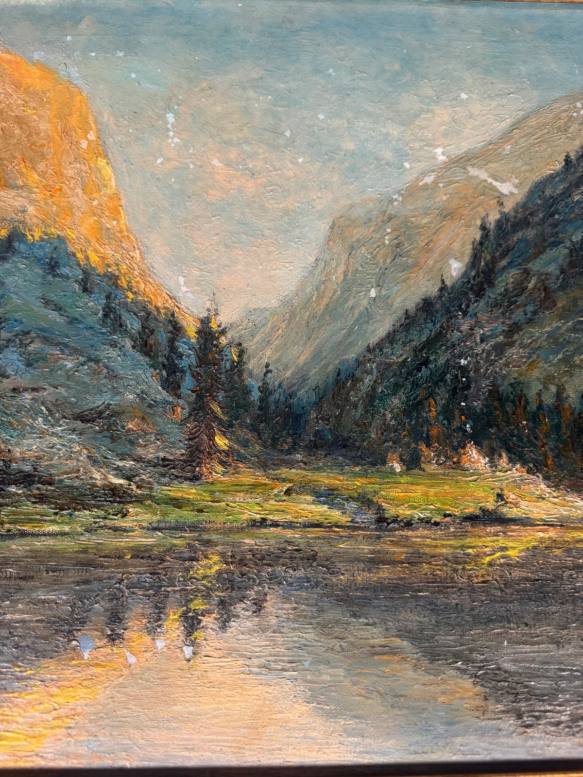 Alpine Lake Sunset Impasto Oil Painting Signed Thorn in Ornate Gilt Frame