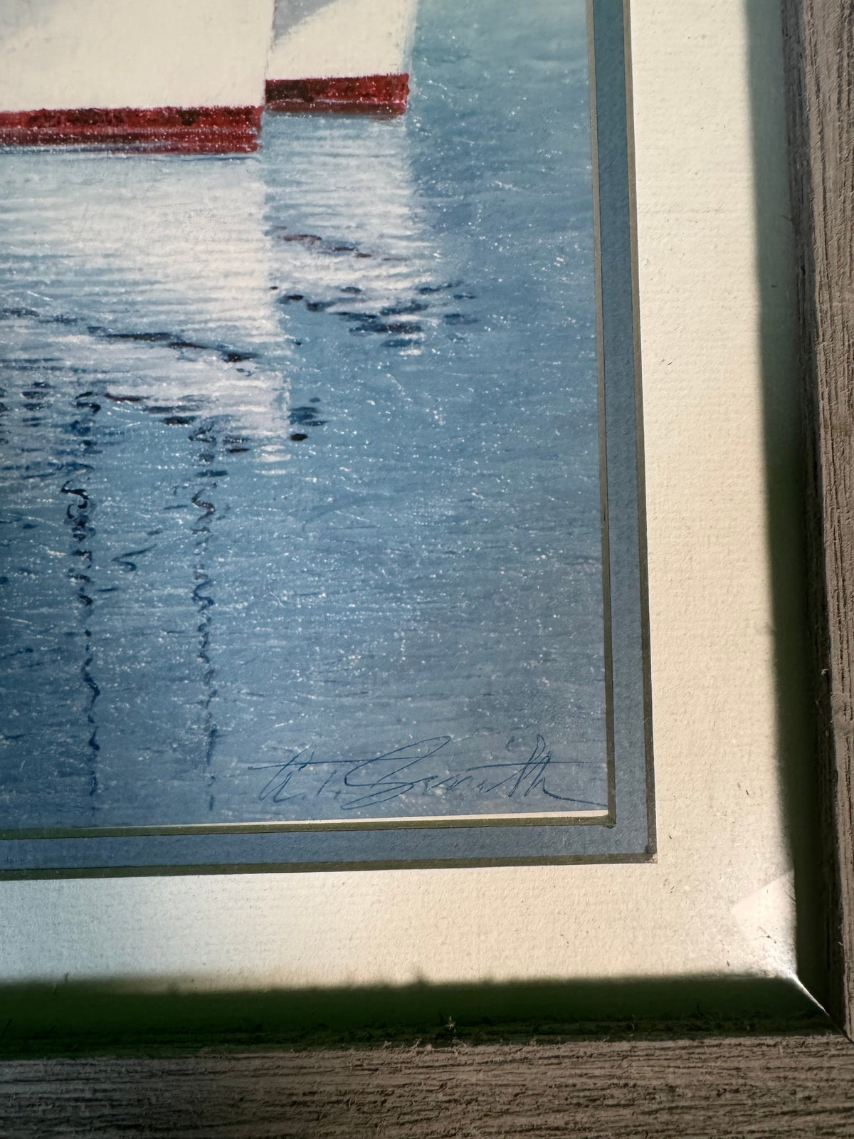 Shrimp Boats Harbor Print Reproduction Signed A.T. Smith Grey Barnwood Frame