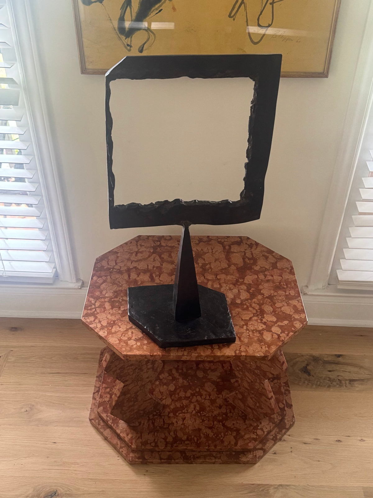 Brutalist Welded Steel Sculpture Abstract Cube and Block on Pedestal Signed No