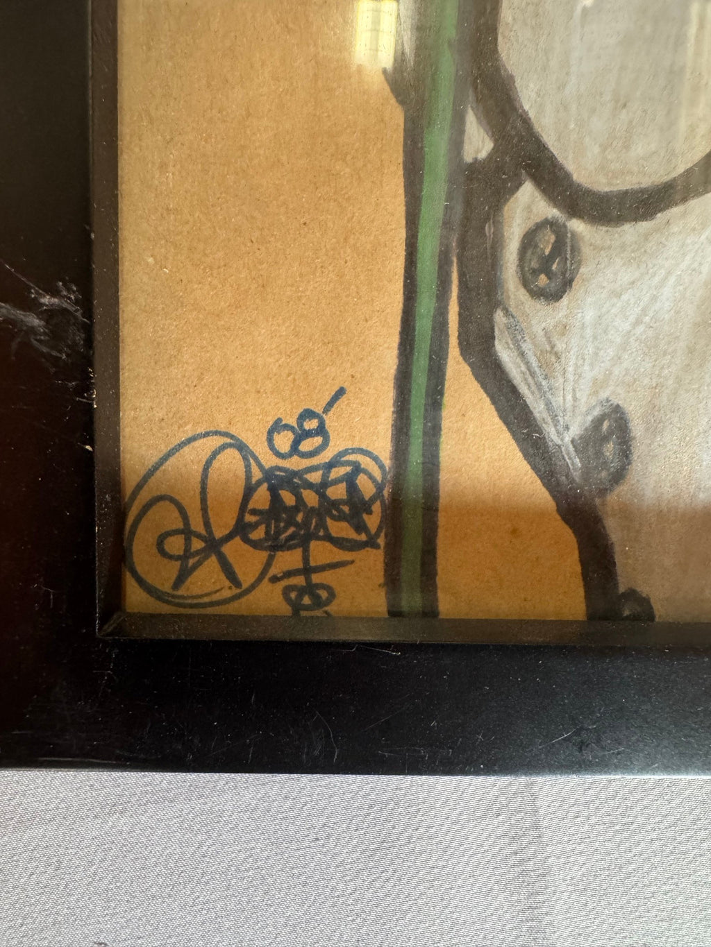 Tag-style signature and 08 date at the lower left