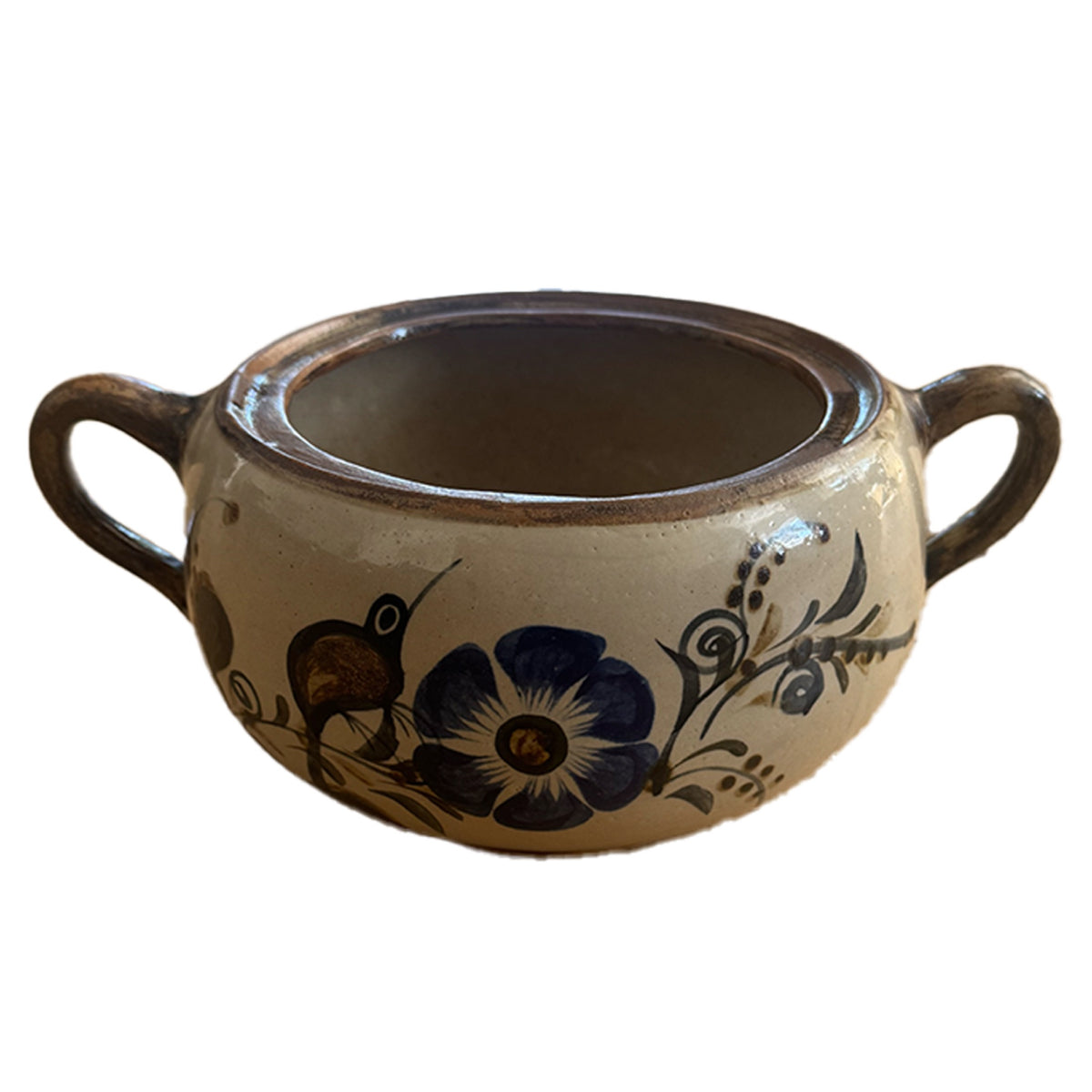 Tonala Mexican Burnished Pottery Two Handled Vessel Bird Floral Signed MEX