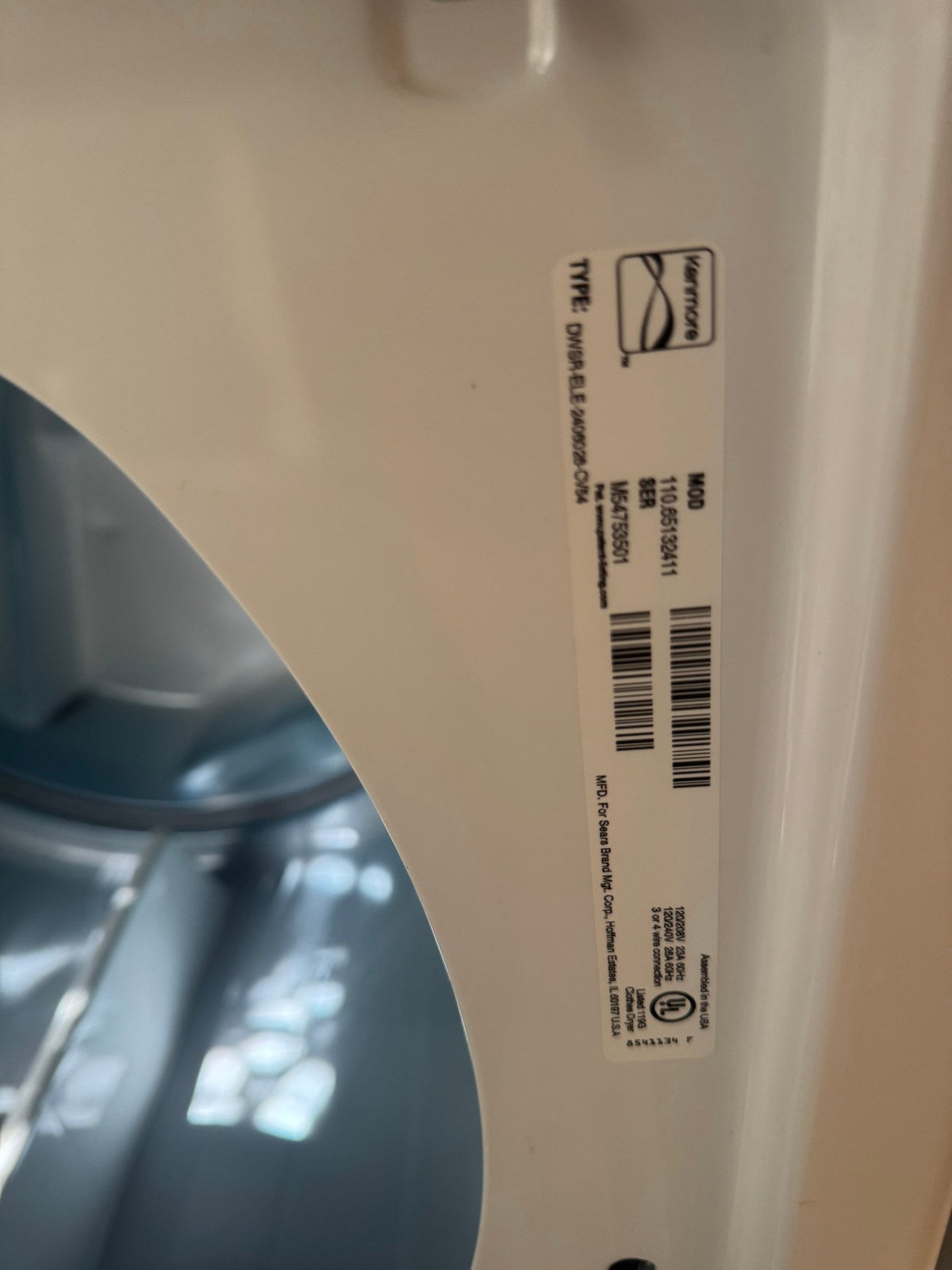 Kenmore label on the dryer