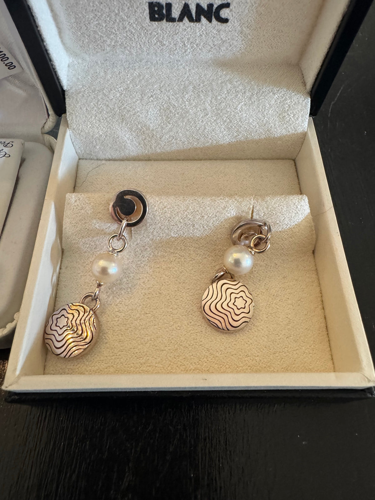 Montblanc Sterling Silver 925 Pearl Star Engraved Disc Drop Earrings Boxed VG