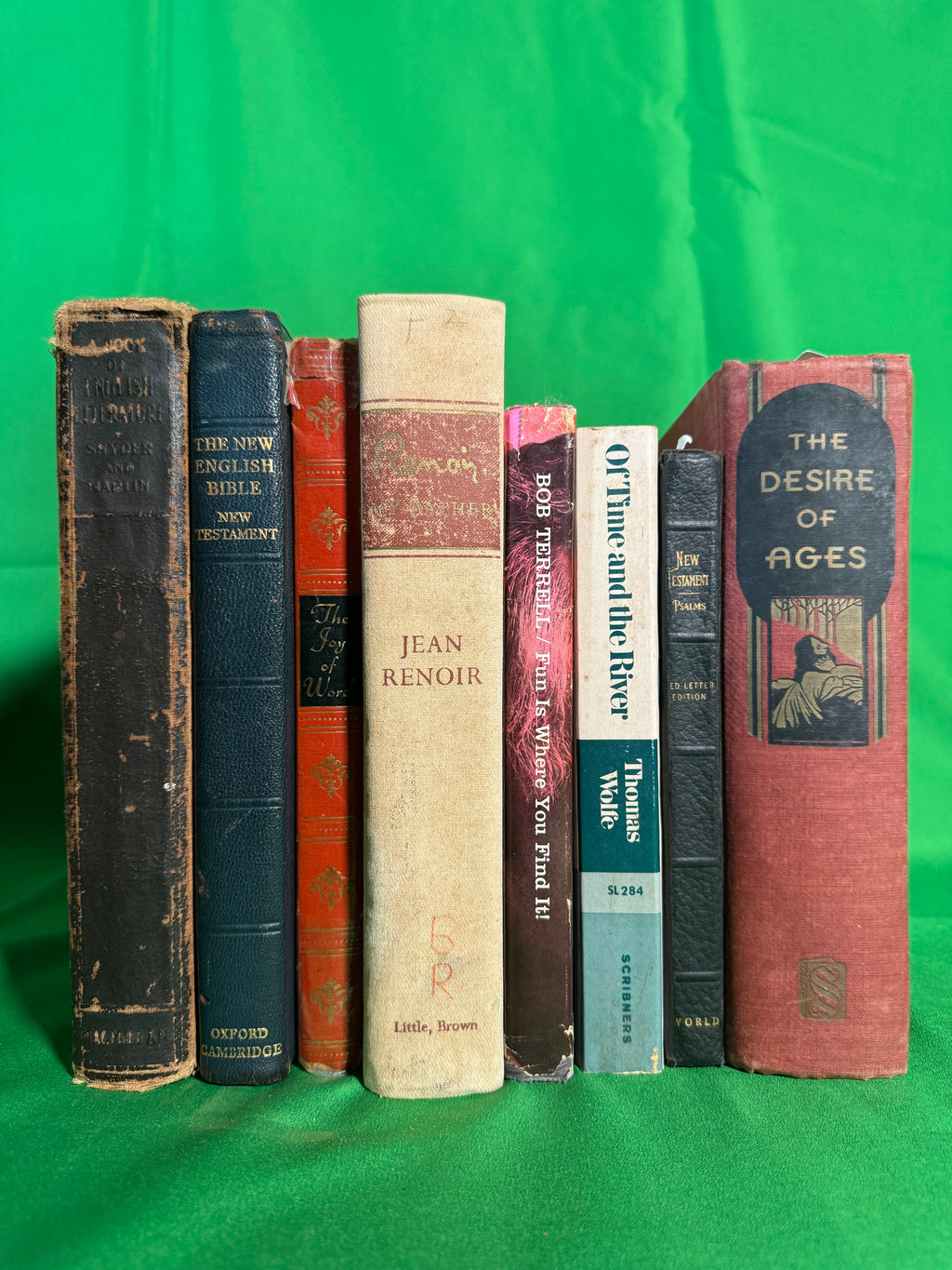 Vintage books stood spine-out on green cloth, including Of Time and the River by Thomas Wolfe, Fun Is Where You Find It! by Bob Terrell, Renoir, My Father by Jean Renoir, and The Desire of Ages