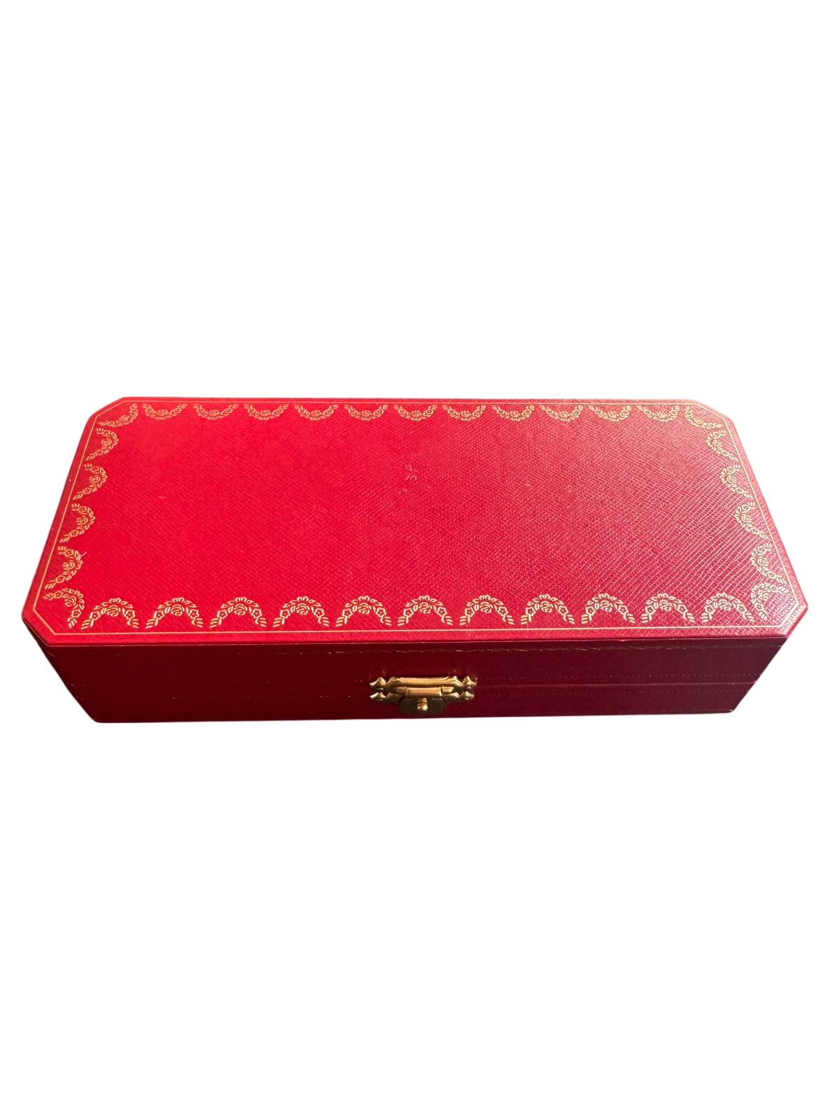 Closed red Cartier box with gold decorative trim and gold clasp, viewed from above