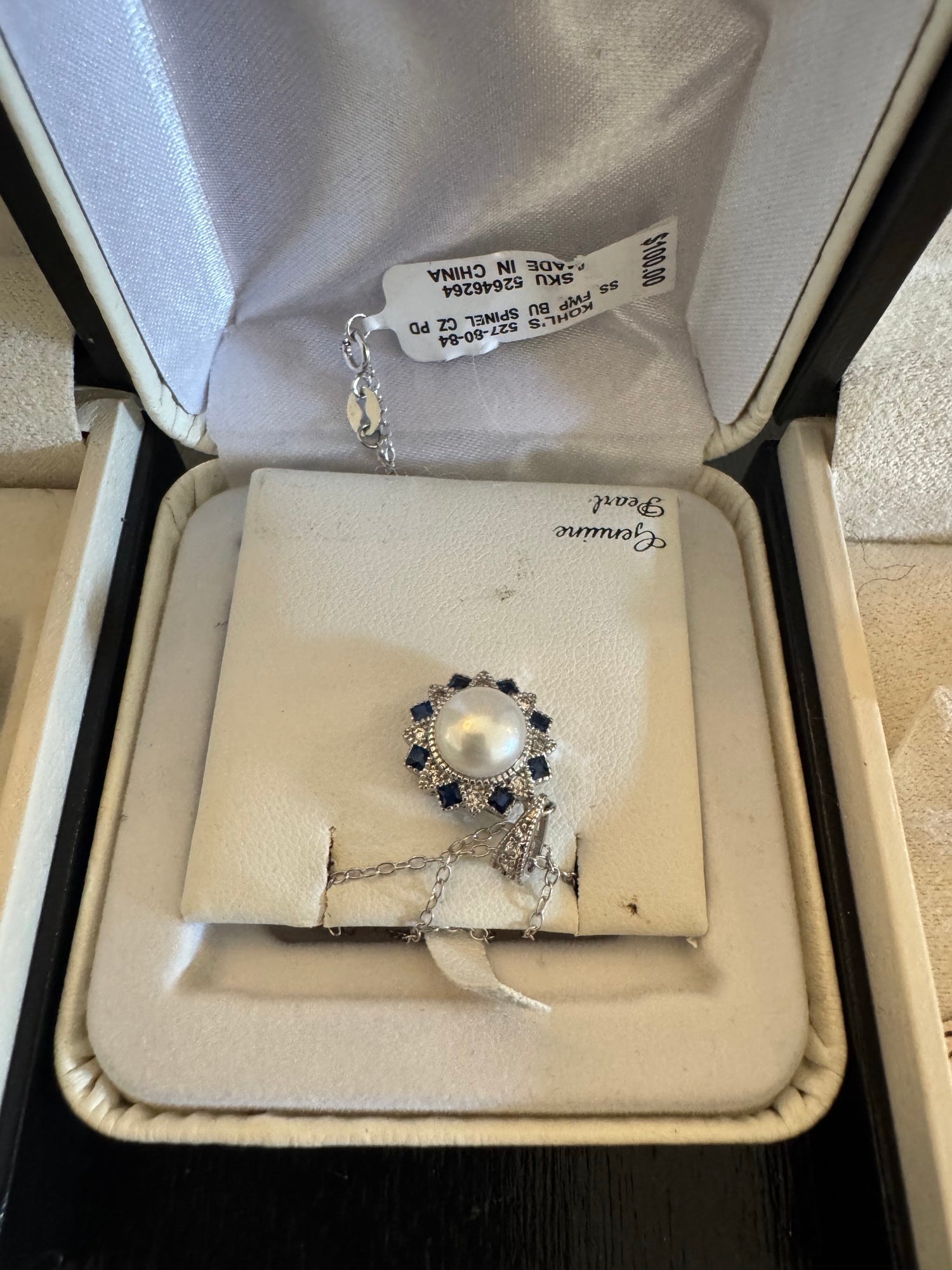 Kohl's Sterling Silver Freshwater Pearl Blue Spinel CZ Halo Pendant Necklace New
