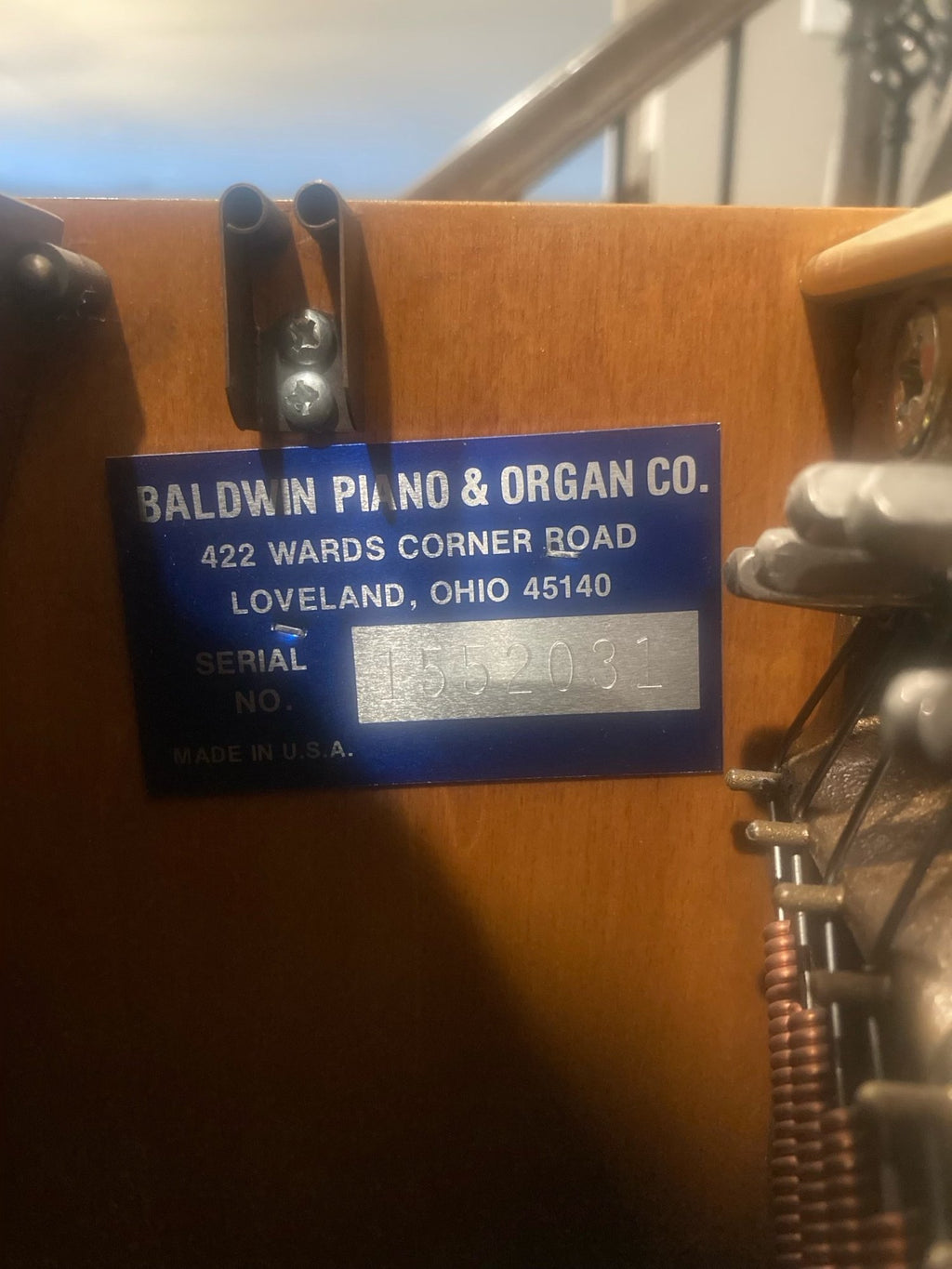 Baldwin Piano and Organ Co. serial plate inside the piano, serial 1552031