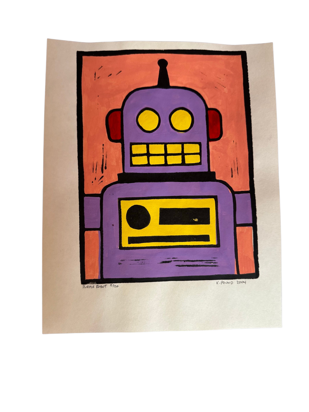 Purple robot linocut