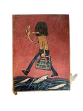 Painting of a long-haired figure with a boombox walking on waves on a red-pink ground, shrink-wrapped, straight-on view