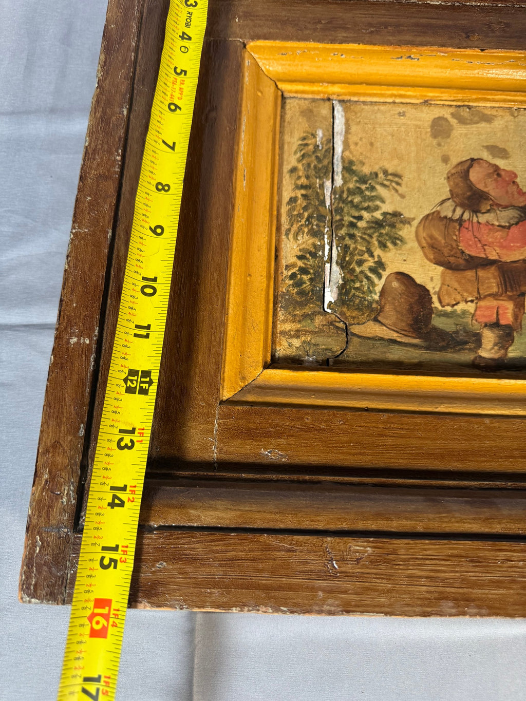 Grotesque Dwarf Oil on Panel Painting After Callot Gobbi Type, Deep Wood Frame